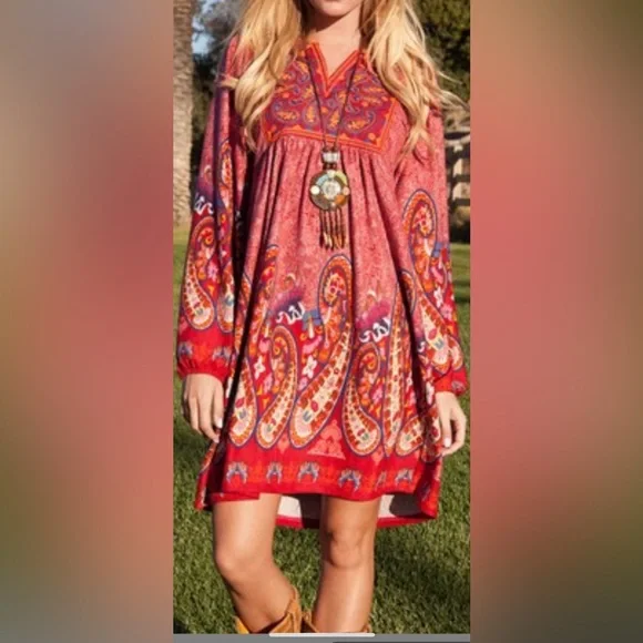 🆕NWOT🌻BOHO PAISLEY DRESS🍁Notch Neck❤️Brick Red Base Size Large - Picture 11 of 11